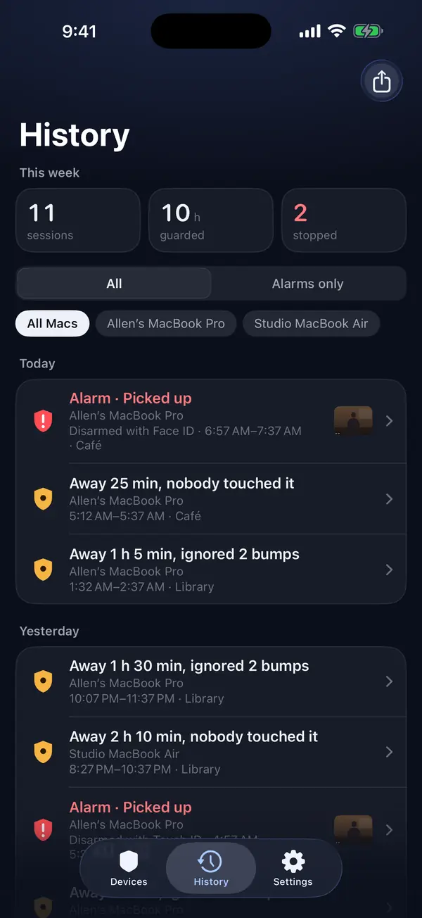 The history on an iPhone: sessions and alarms of the week.